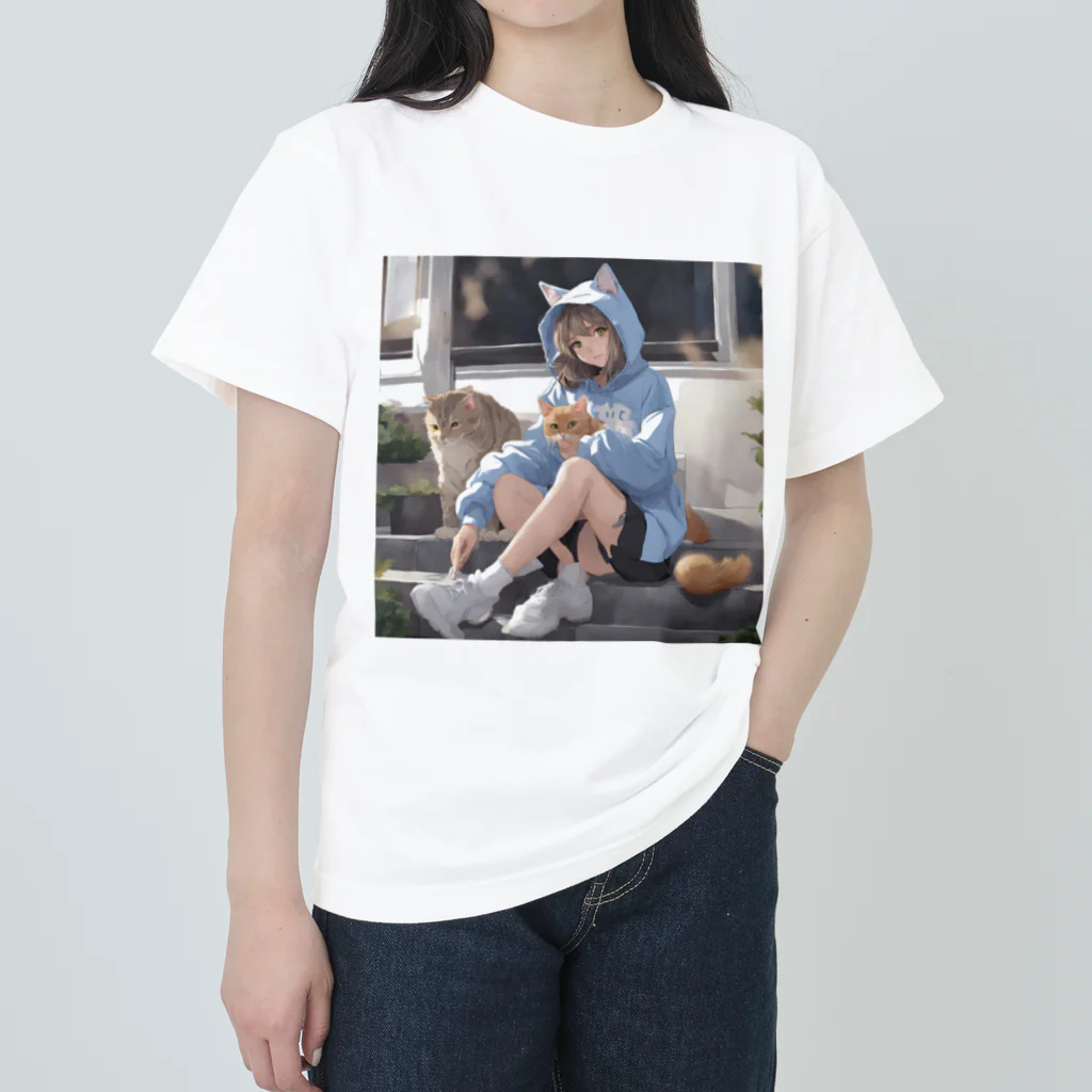 可愛いは正義！のネコミミパーカー　JK  猫と戯れ Heavyweight T-Shirt