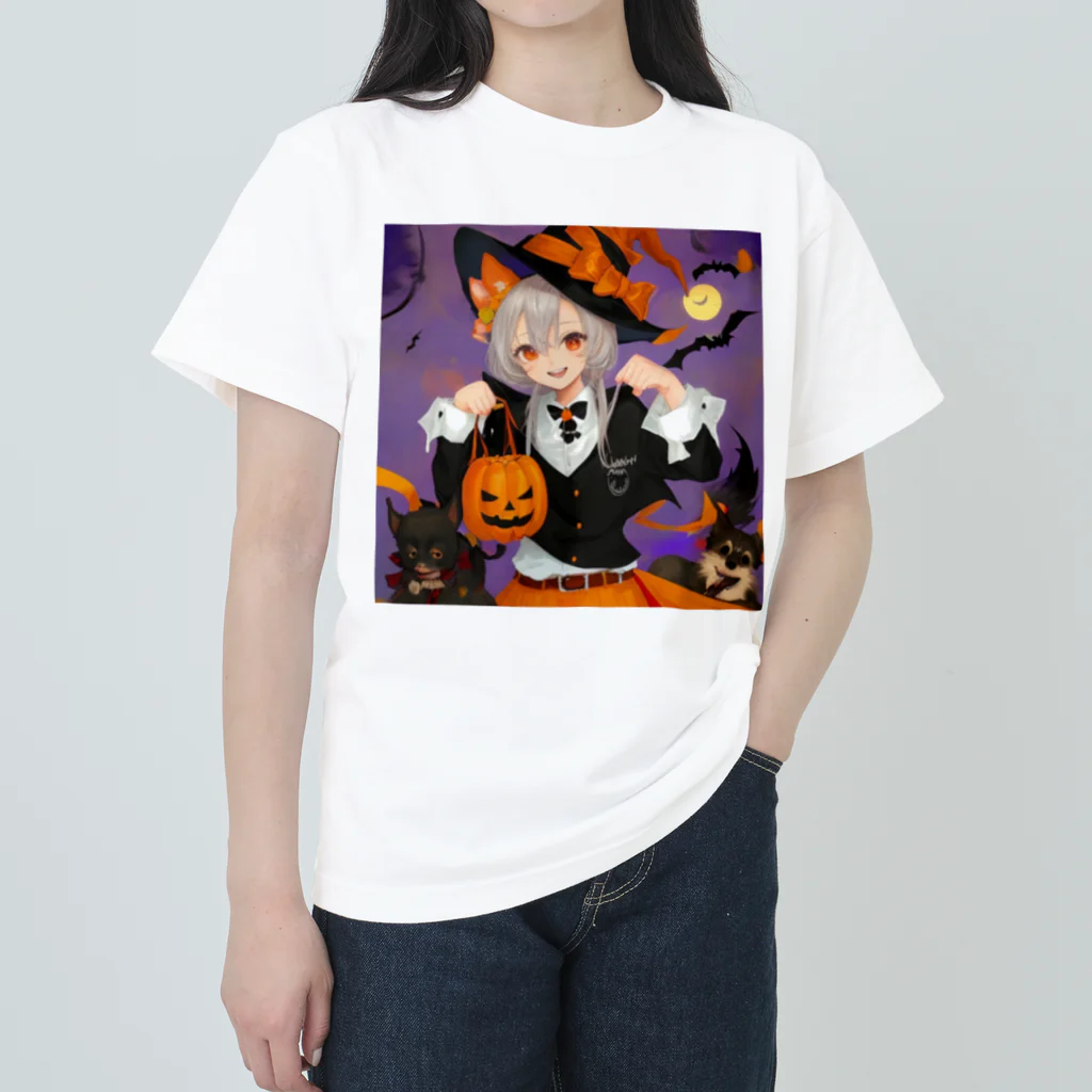 チワワ愛好家ショップのワワ大好き魔女のハロウィン・キャンディ・キス ヘビーウェイトTシャツ