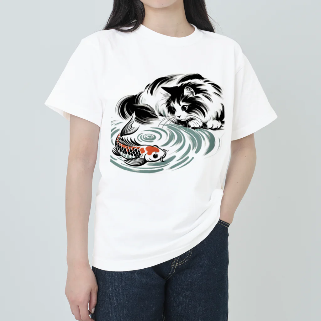 MakotOの猫と鯉（水墨画風） Heavyweight T-Shirt