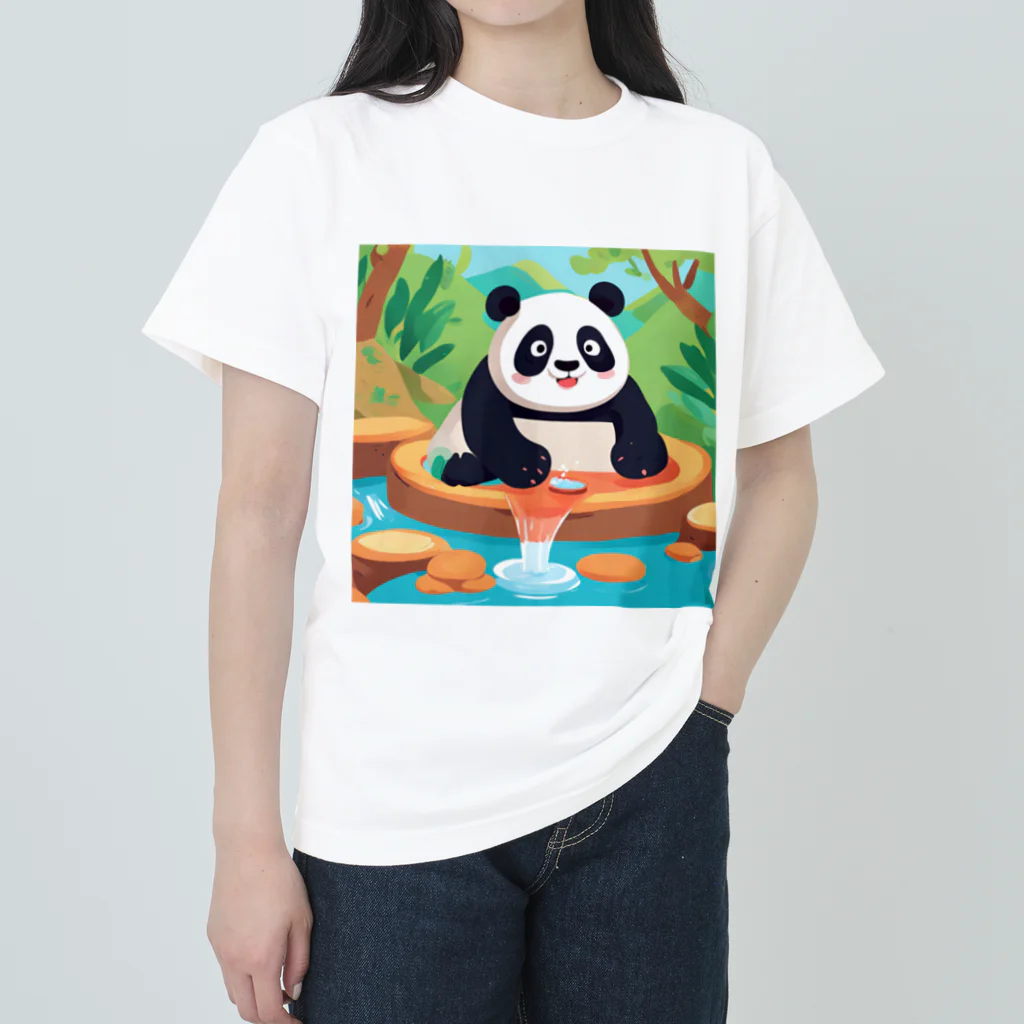 萌えキャラ大好きの温泉を楽しむパンダイラストのグッズ ヘビーウェイトTシャツ