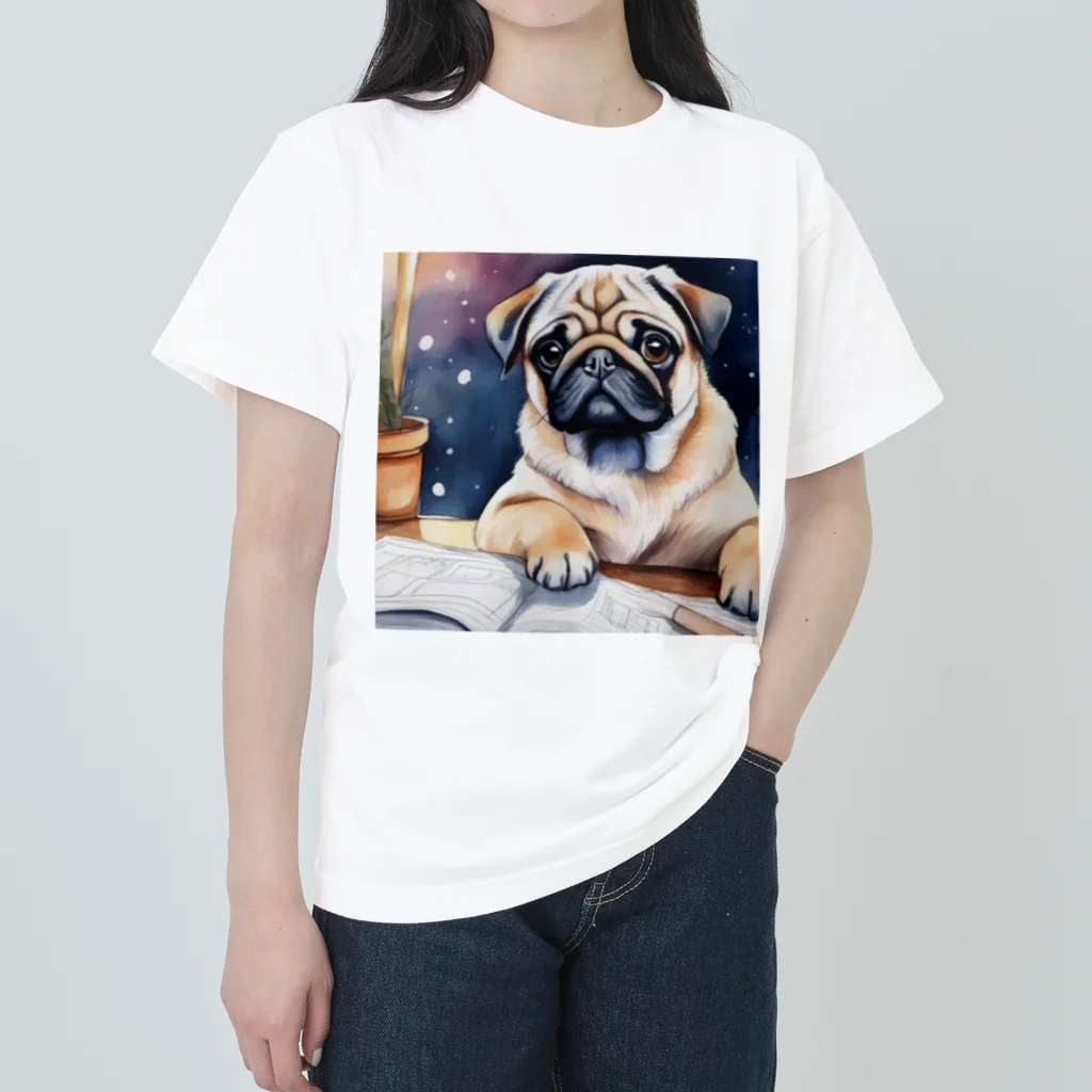 こころやすらぐの水彩子犬　パグ ヘビーウェイトTシャツ