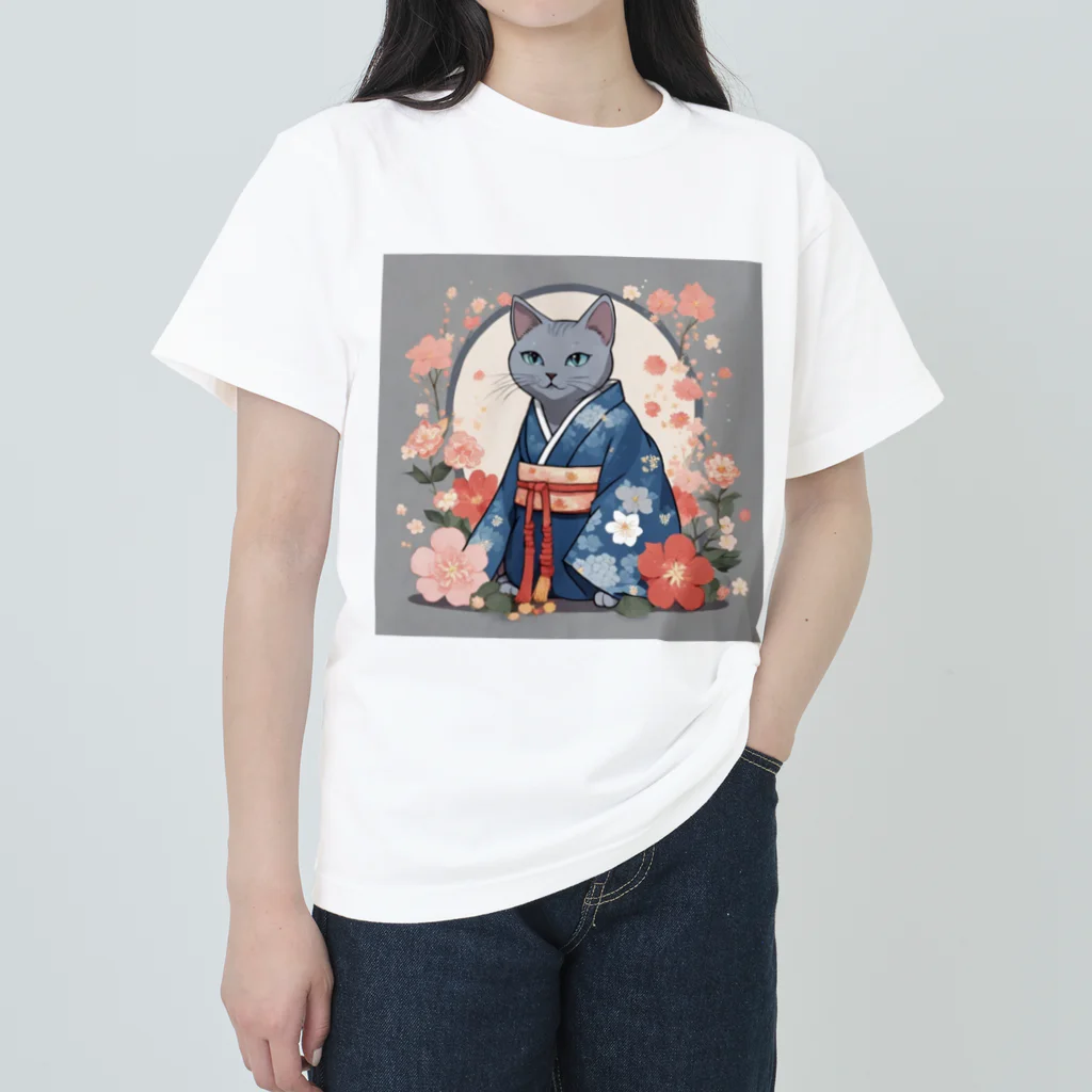 coco_peroのお正月の着物を着たロシアンブルーの猫ちゃんグッズ ヘビーウェイトTシャツ