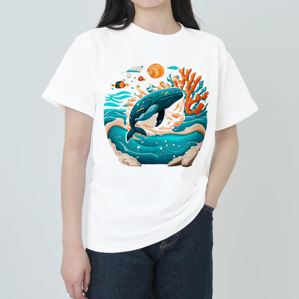 ✨🌏TCHD LLC SHOP🌏✨のダイナミックに飛ぶクジラちゃん ヘビーウェイトTシャツ