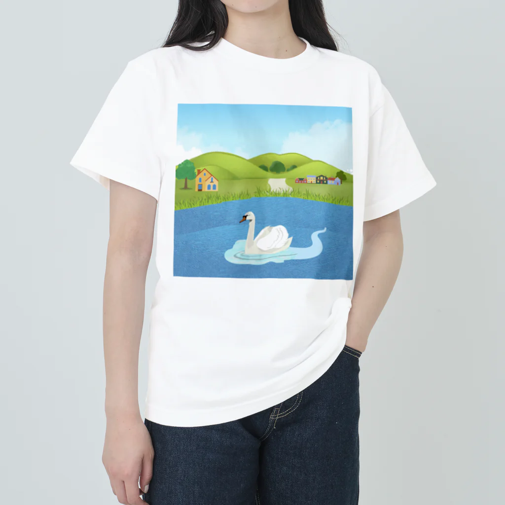 はんそで母の白鳥　風景 ヘビーウェイトTシャツ