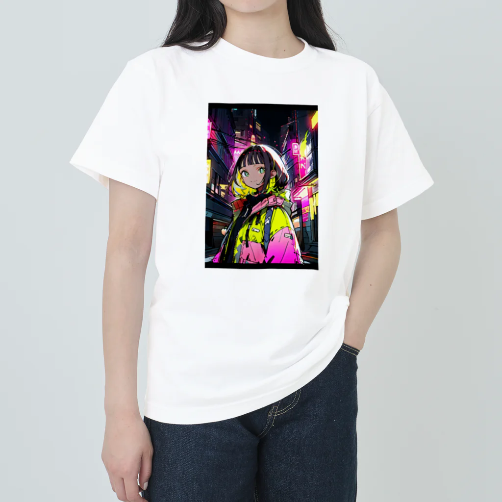 80s pop anime artの夜の都市を背景にべクターイラストガール ヘビーウェイトTシャツ