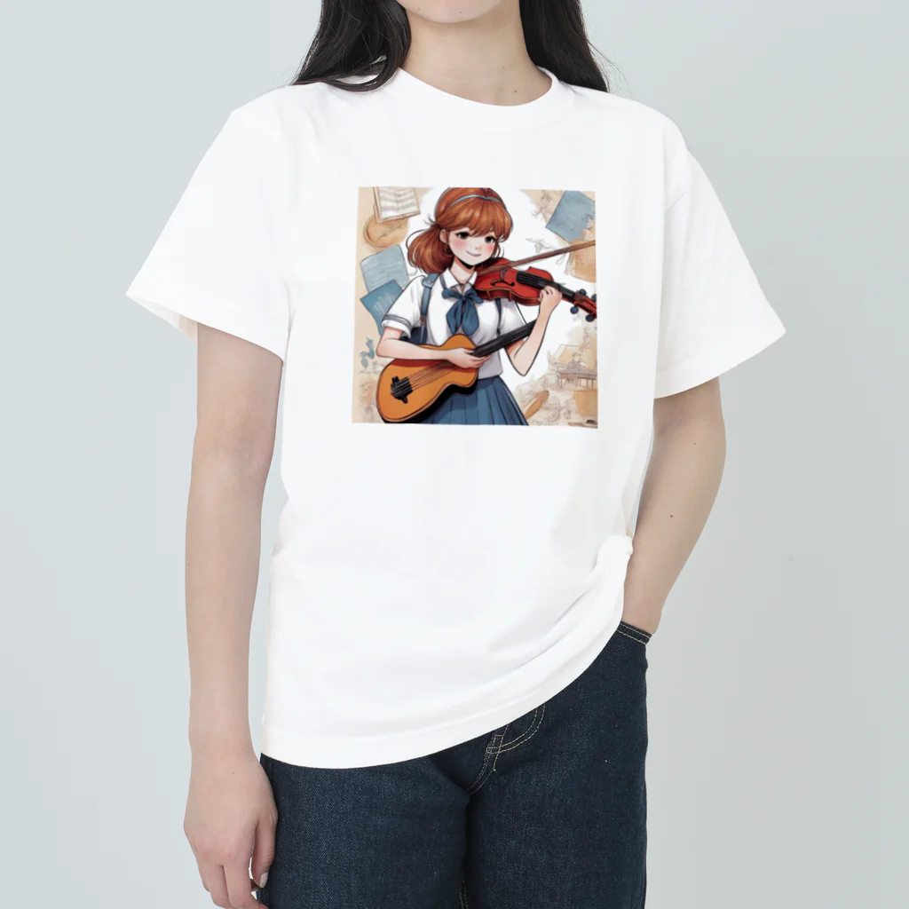 ほっこり絵音舎の弦楽器好きのチョコちゃん ヘビーウェイトTシャツ