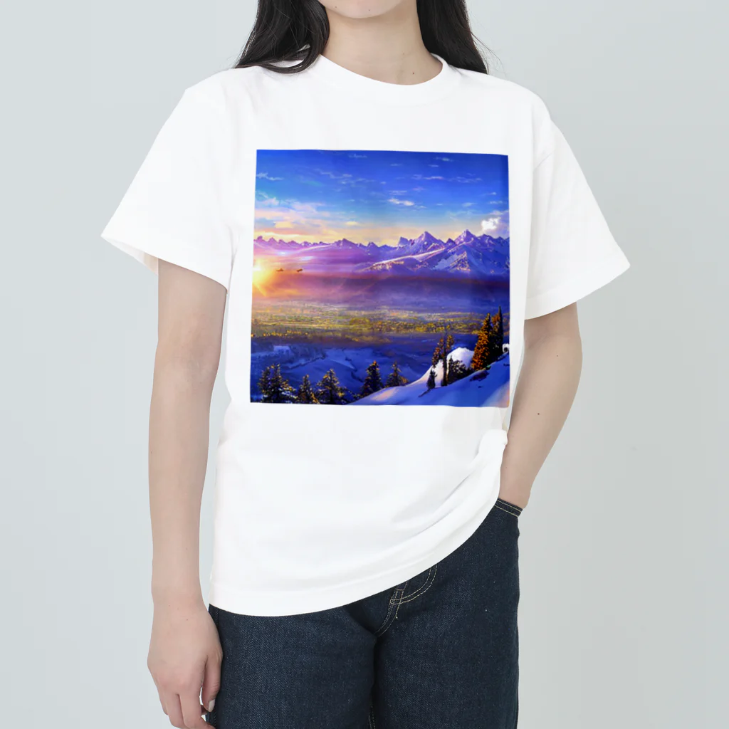 雑貨屋ちぃずの朝日と雪原の風景 ヘビーウェイトTシャツ