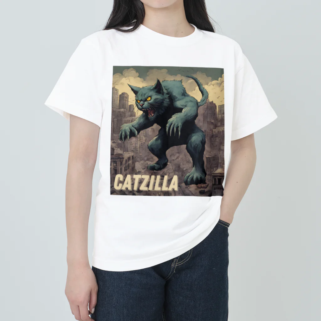 HappyFaceMarketのゴジラになりたい猫 CATZILLA ヘビーウェイトTシャツ