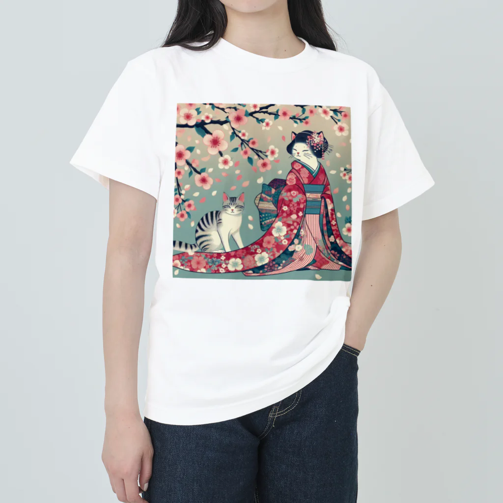 ParadigmStar　パラダイムスターの和風cat 見返り桜 Heavyweight T-Shirt