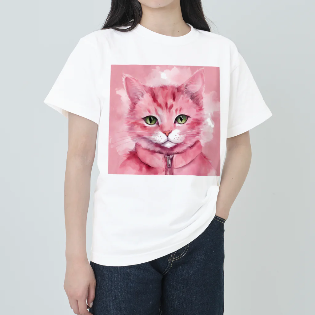 tenchayのピンクキャット ヘビーウェイトTシャツ