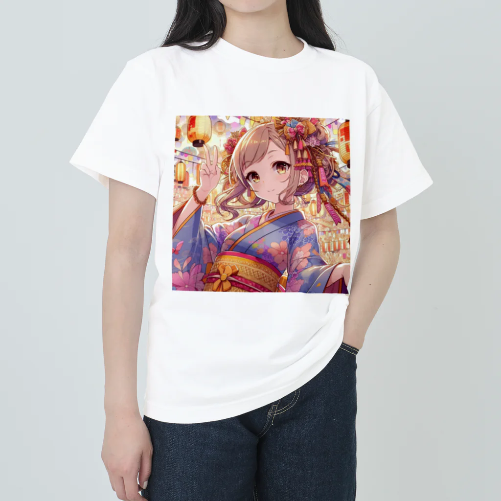 推しの美少女とアイドルのお祭りを楽しむ浴衣美少女 Heavyweight T-Shirt