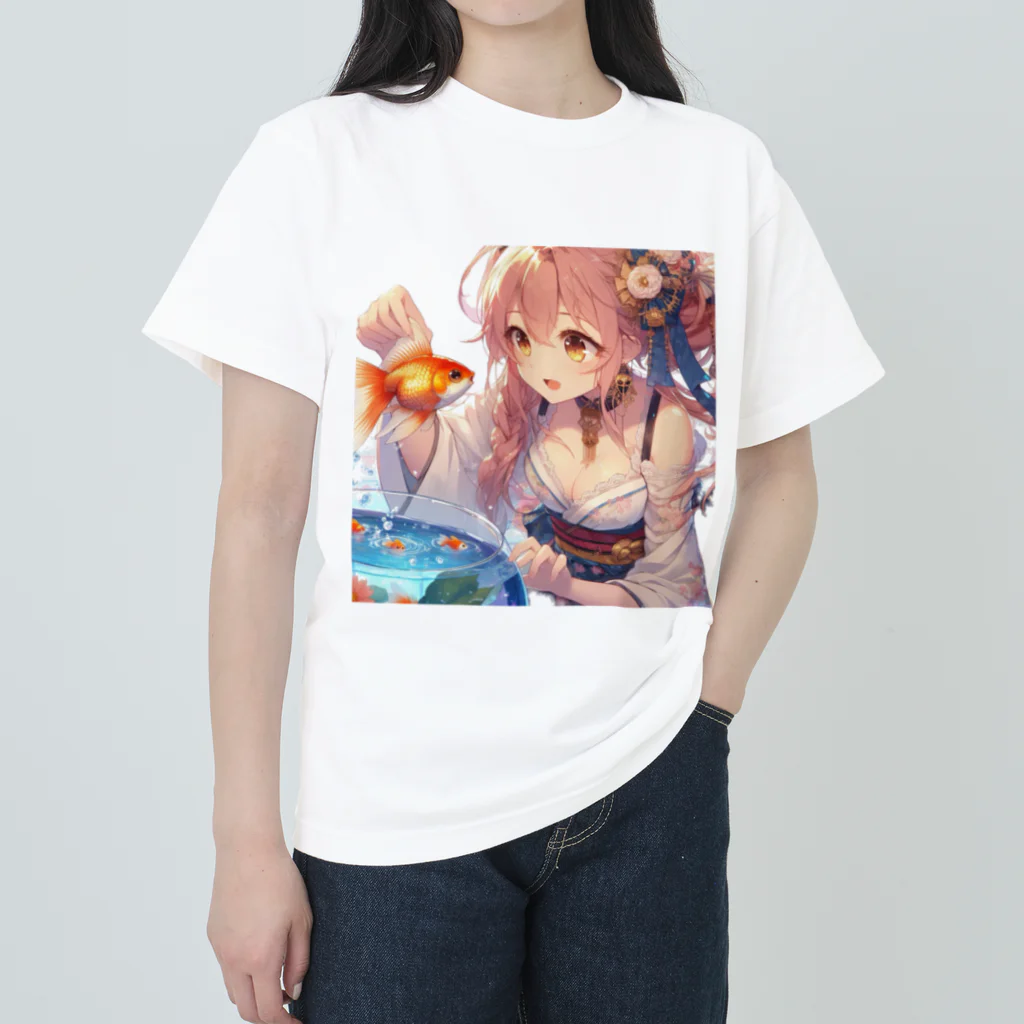 推しの美少女とアイドルの金魚と浴衣姿の女の子 Heavyweight T-Shirt