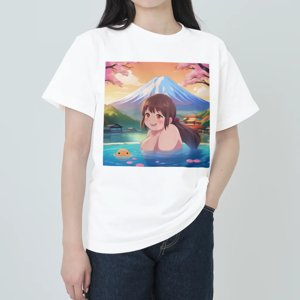 west97の富士山絶景にある露天風呂のかわいい女の子 ヘビーウェイトTシャツ