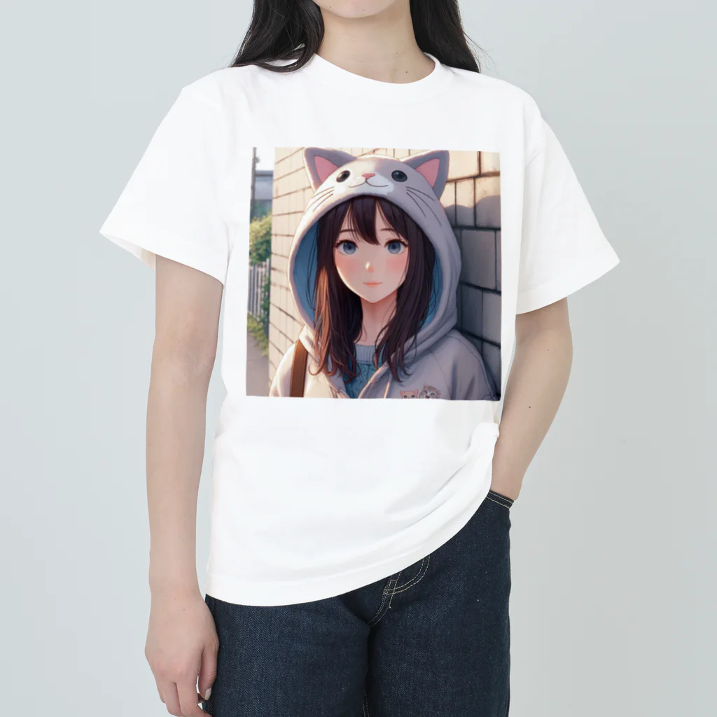 SaltyCookie Design Worksの猫パーカーの女の子(19) Heavyweight T-Shirt