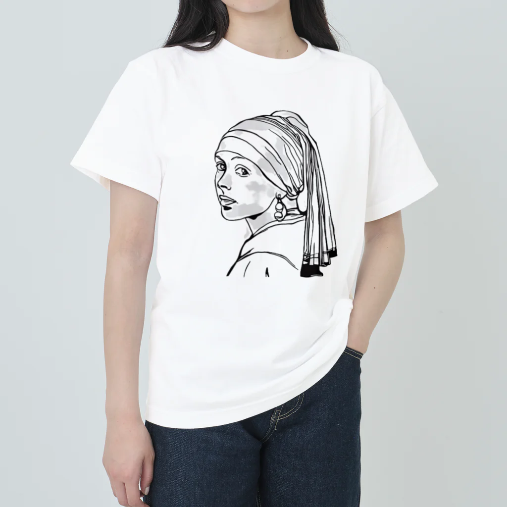 Ｘ-ＣＡＮＶＡＳの真珠の耳飾りの少女　ラインアート風 ヘビーウェイトTシャツ