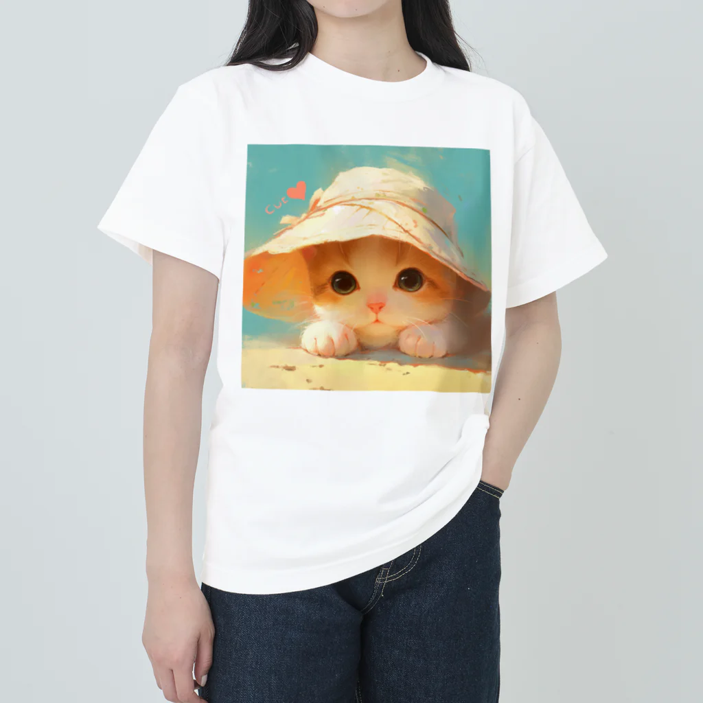 AQUAMETAVERSEの帽子をかぶった可愛い子猫 Marsa 106 ヘビーウェイトTシャツ