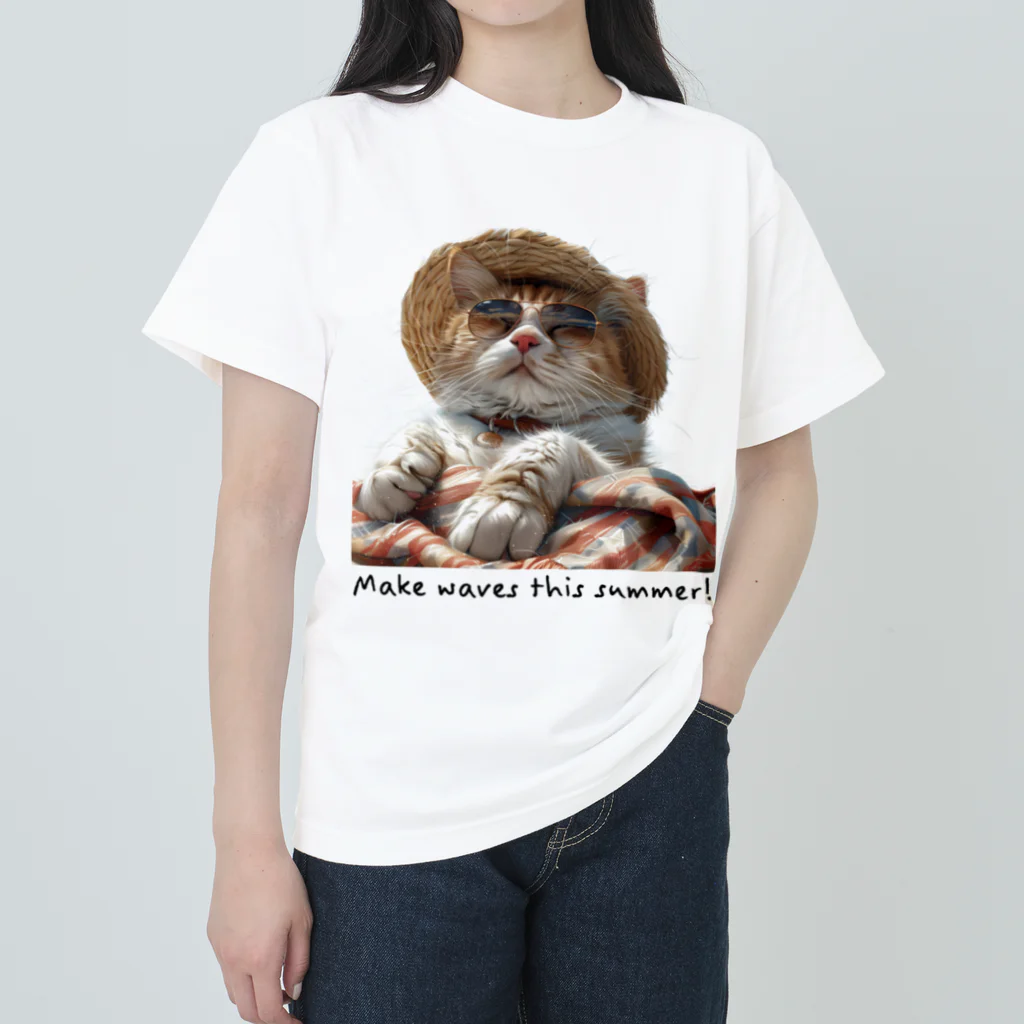 G.O.A.T.designの夏の日差しを満喫する可愛い猫ちゃん ヘビーウェイトTシャツ