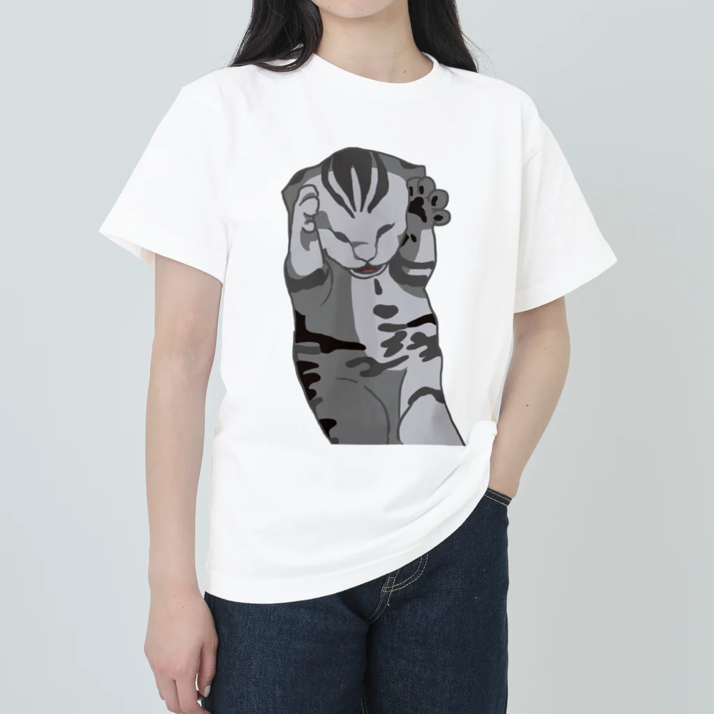 手書きイラストで猫ミームの頭を抱える猫 ヘビーウェイトTシャツ