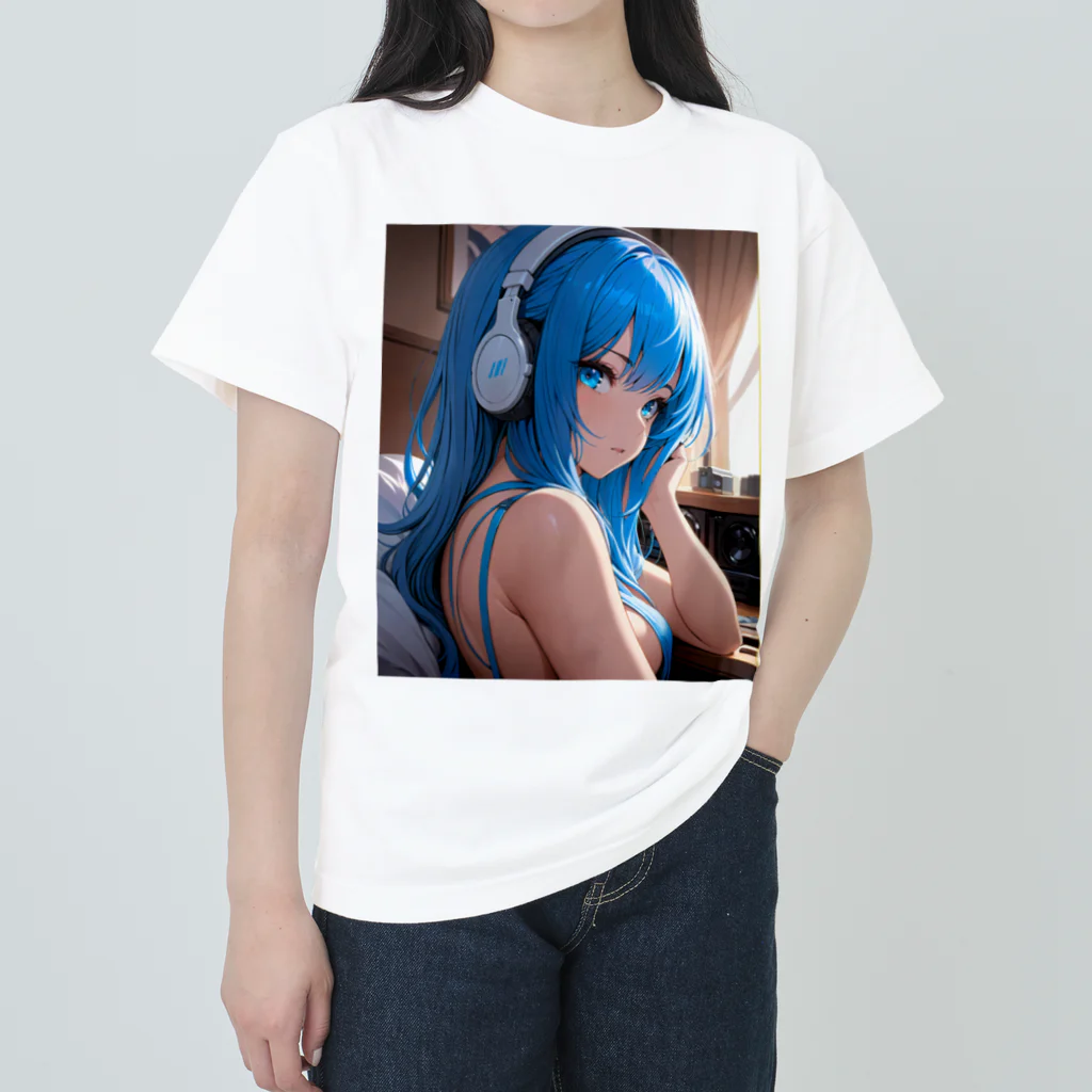 Relaxing Beatsの青い髪の少女 ヘビーウェイトTシャツ