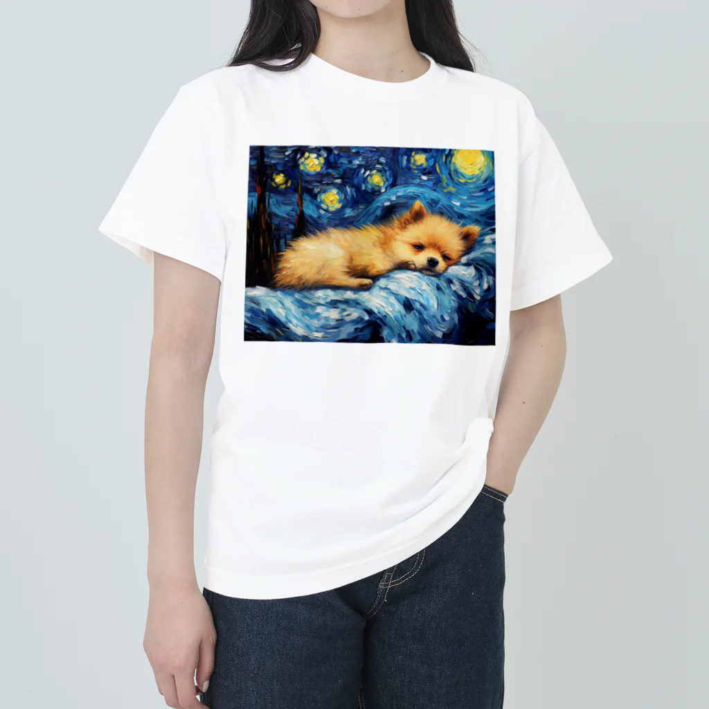 Dog Art Museumの【星降る夜 - ポメラニアン犬の子犬 No.3】 Heavyweight T-Shirt