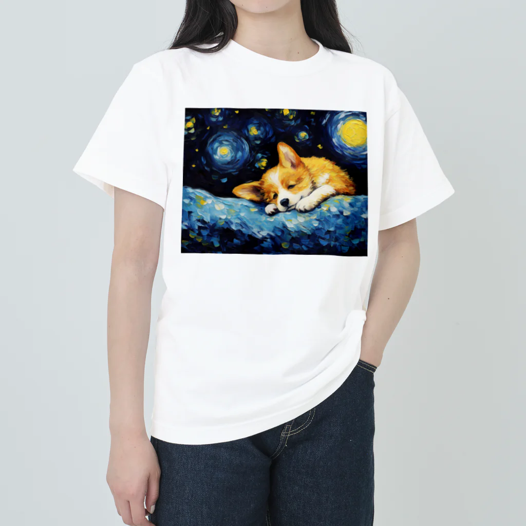 Dog Art Museumの【星降る夜 - ウェルシュコーギー犬の子犬 No.3】 Heavyweight T-Shirt