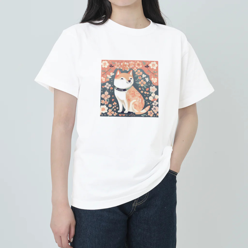 Grazing Wombatの日本画風、柴犬と桜-Japanese-style painting of a Shiba Inu with cherry blossoms ヘビーウェイトTシャツ