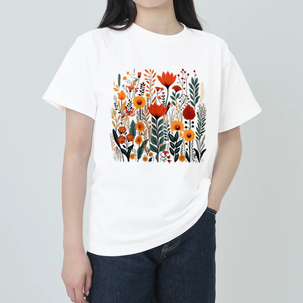 Grazing Wombatのヴィンテージなボヘミアンスタイルの花柄　Vintage Bohemian-style floral pattern ヘビーウェイトTシャツ