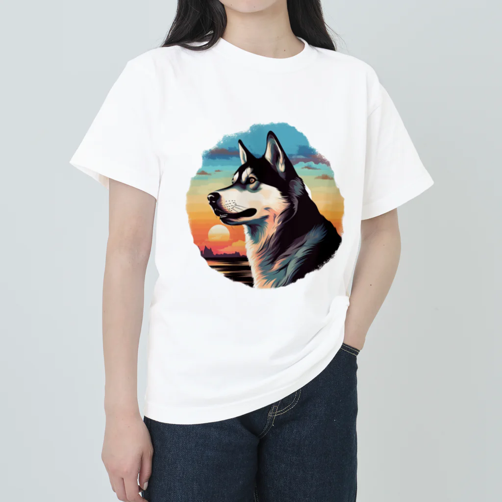 dogsdream8246のシベリアンハスキーと夕日 ヘビーウェイトTシャツ