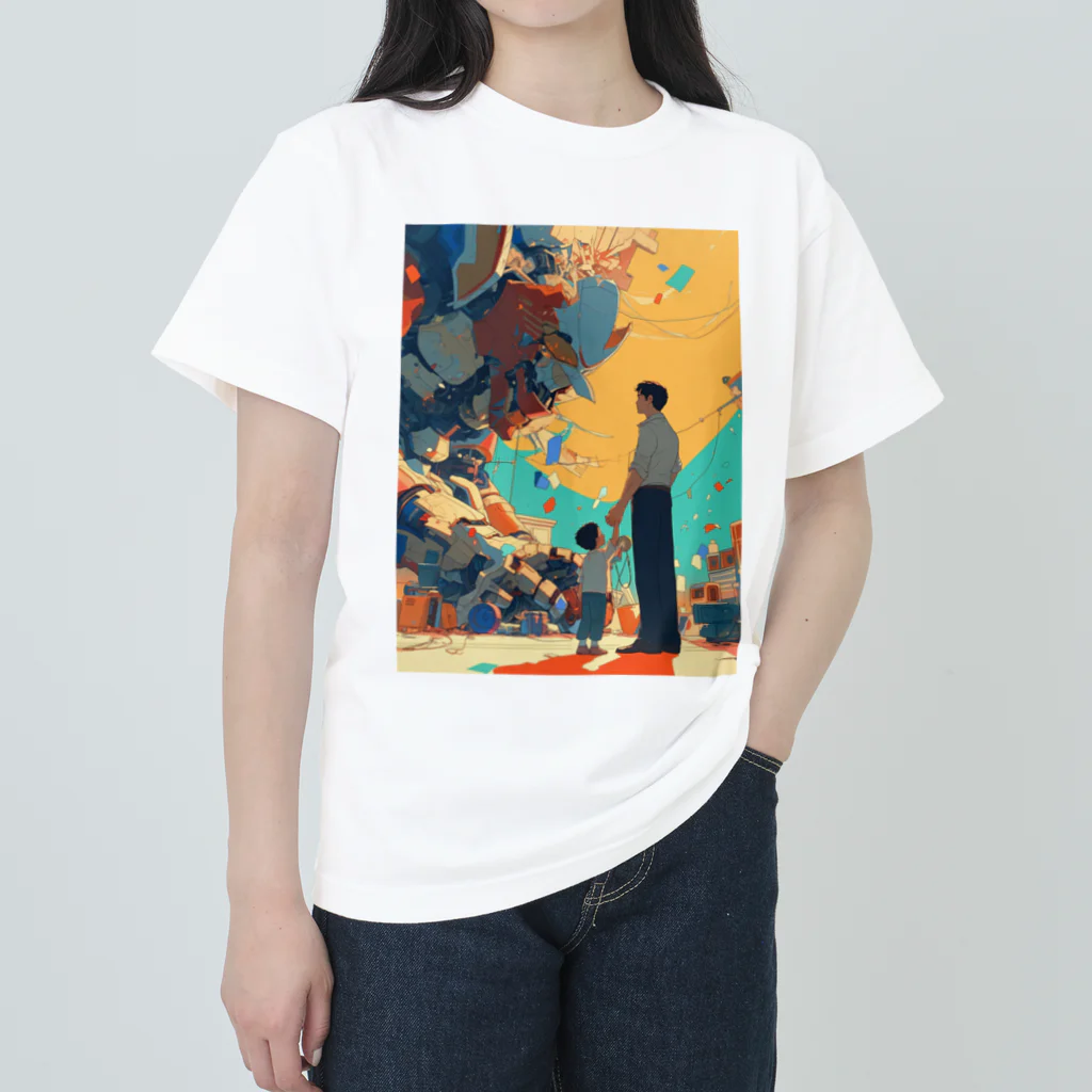 AQUAMETAVERSEの父と子の前に巨大ロボツトが　なでしこ1478 ヘビーウェイトTシャツ