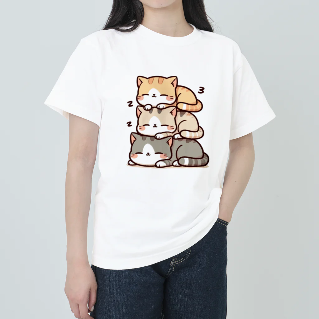 ussi-cowの可愛いネコのイラストシャツ（団子ネコ三段ver） ヘビーウェイトTシャツ