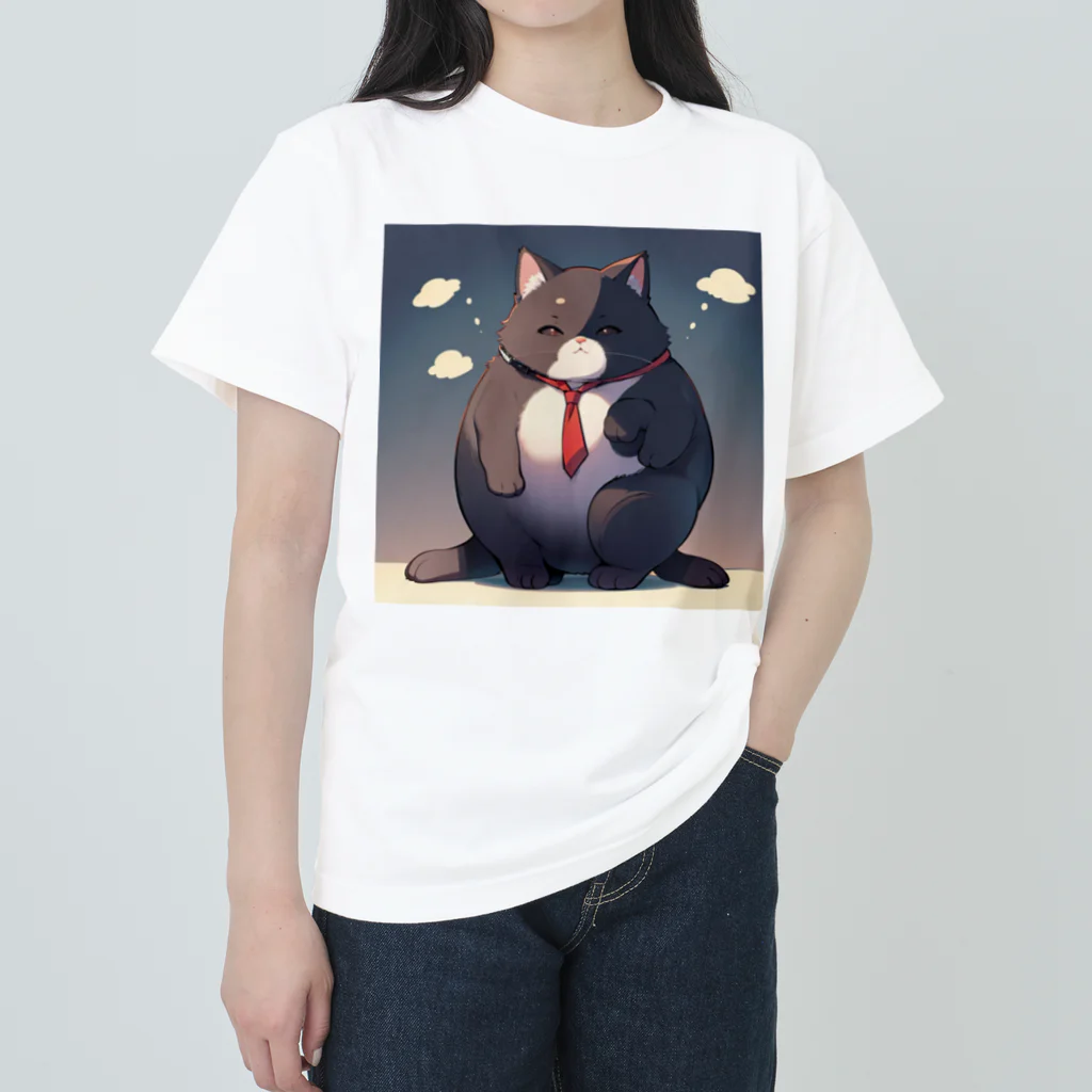 ピンクリボンのぽっちゃりネコ Heavyweight T-Shirt