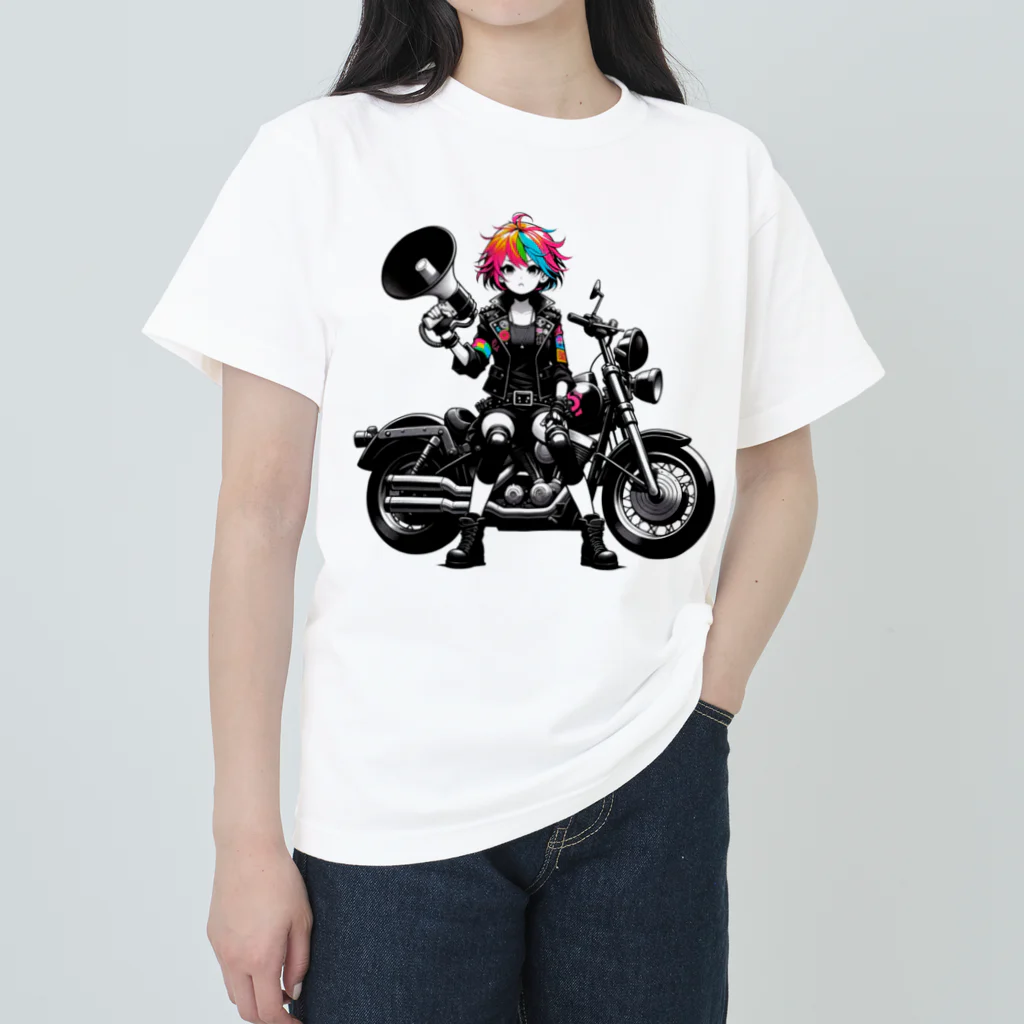 おもしろデザイン/ソロキャンプ/おしゃれ/の謎のメガホン女子　バイク Heavyweight T-Shirt