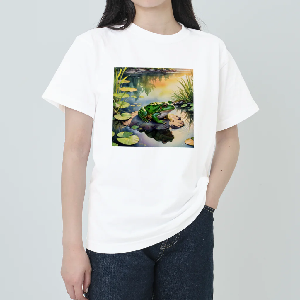 nigihayahiの池のほとりに座るカエル ヘビーウェイトTシャツ