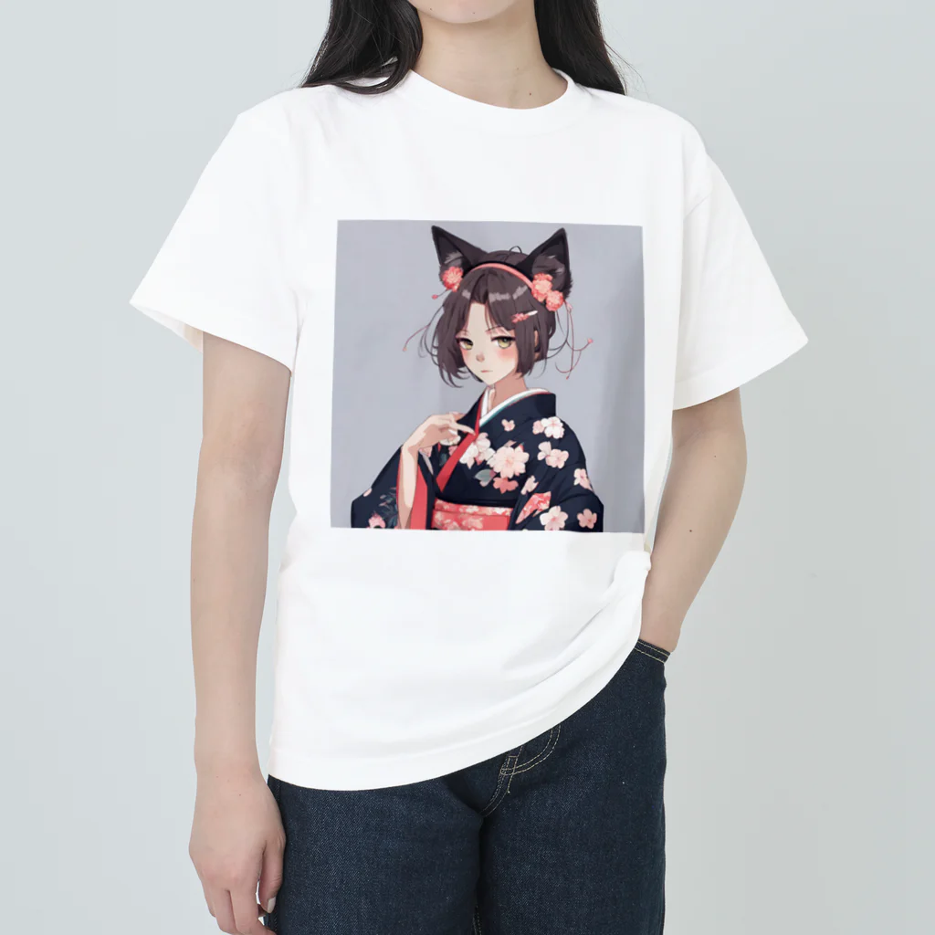 ショコラの和服に獣耳 Heavyweight T-Shirt