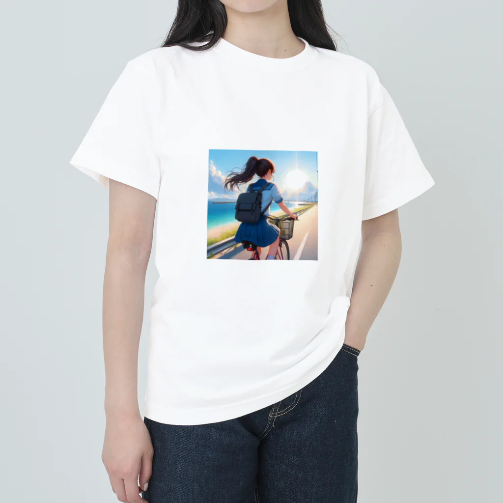 ふりむいての海岸沿いの風、自転車を漕ぐ女の子 ヘビーウェイトTシャツ