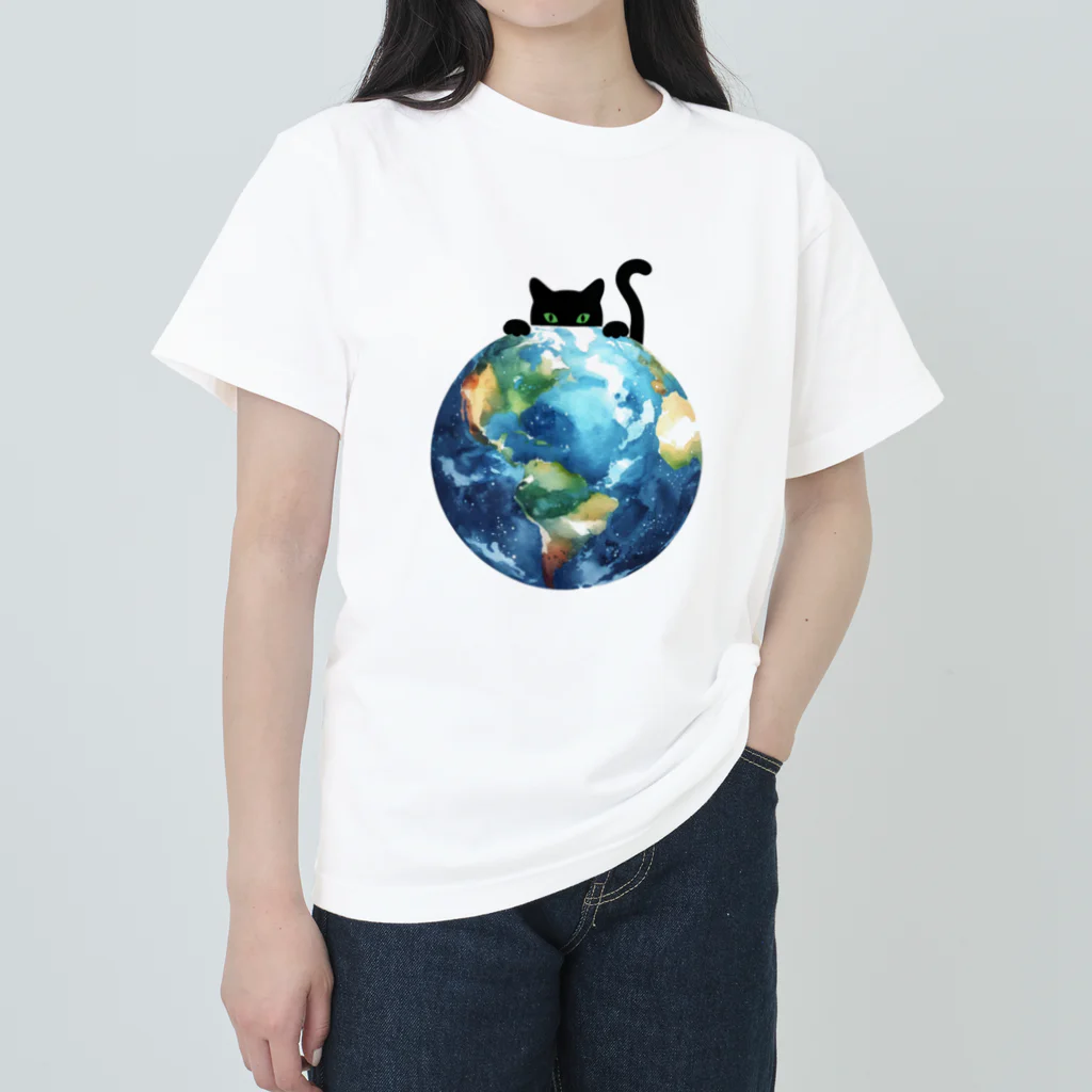 amecatsの地球と黒猫 ヘビーウェイトTシャツ