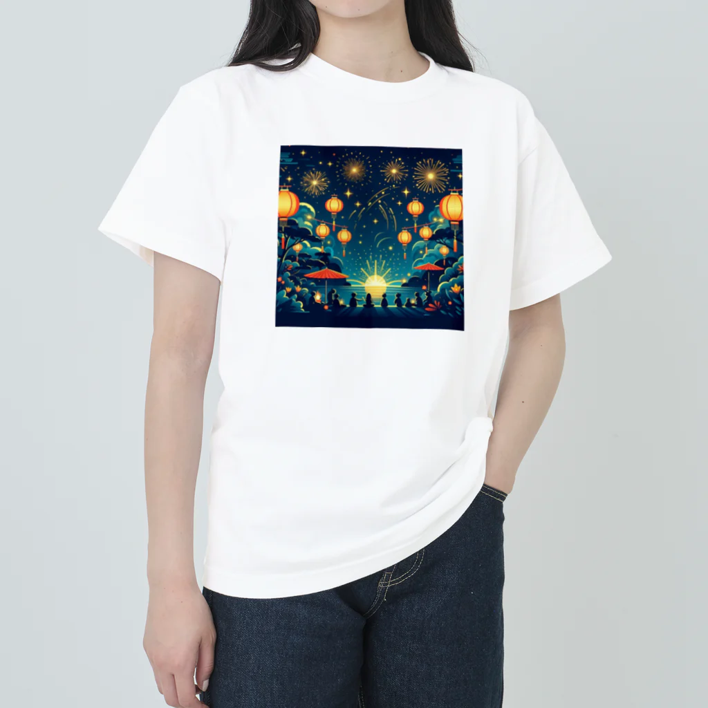 tanantの夏祭り、提灯が灯る下で花火をみている Heavyweight T-Shirt