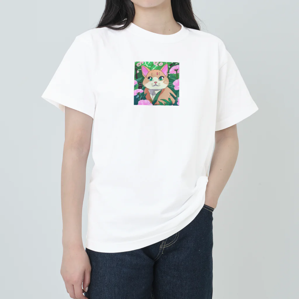 キュート＆クールのアニメ調・花畑の猫 ヘビーウェイトTシャツ