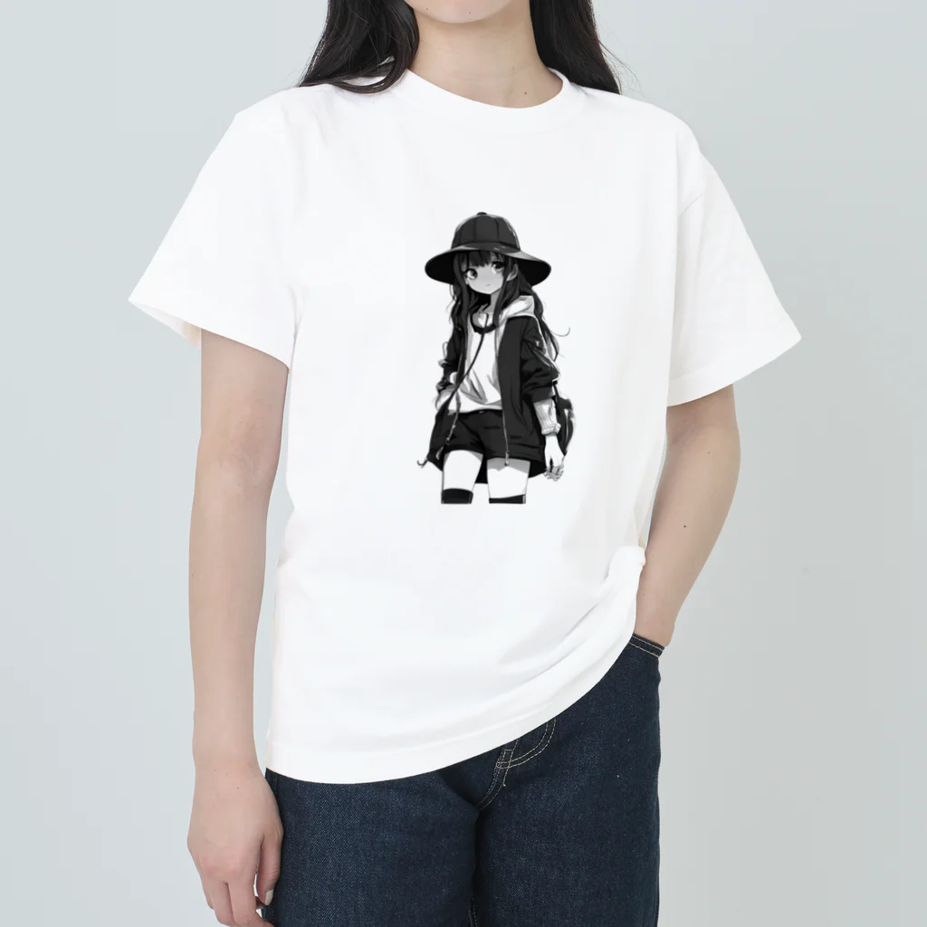 モノクロ美少女の悲しみ美少女モノクロ ヘビーウェイトTシャツ