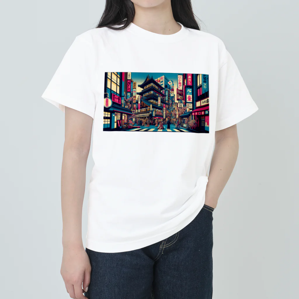 テクノ浮世絵のネオンと伝統の調和-歌舞伎町の夜 ヘビーウェイトTシャツ