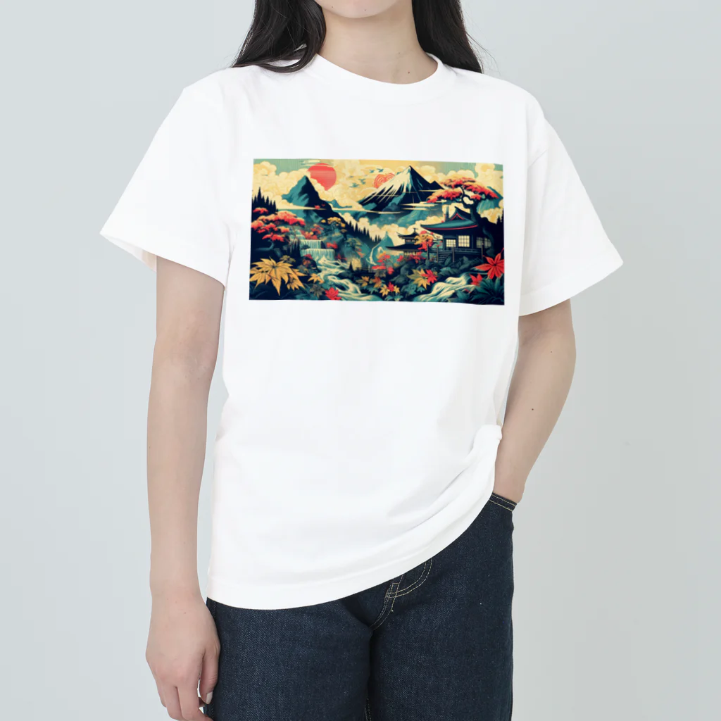 テクノ浮世絵の光彩を放つ自然 - 日本の山々 ヘビーウェイトTシャツ