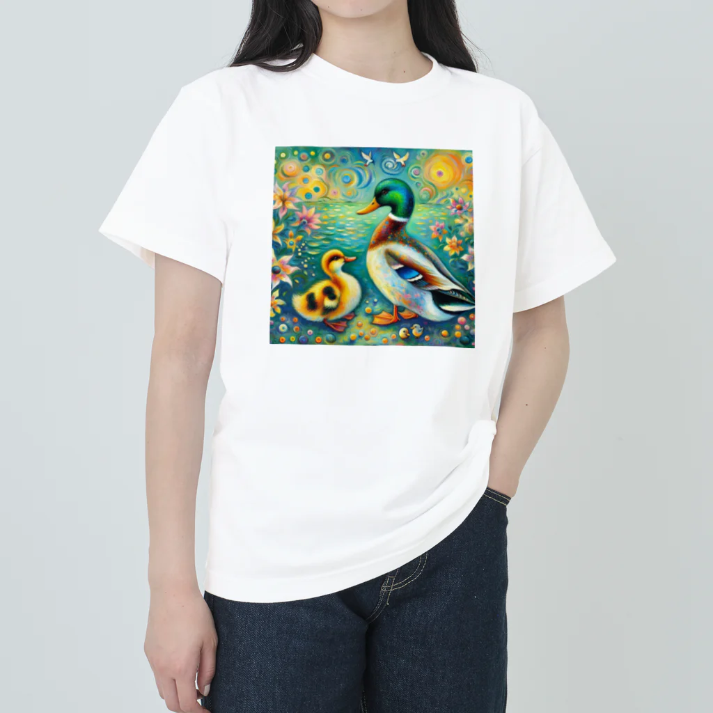 momoart8888のカルガモファミリー🦆🩷 ヘビーウェイトTシャツ