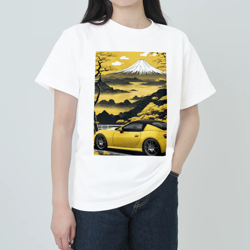 JapanCarStyleの黄色いスポーツカーと日本の風景2 ヘビーウェイトTシャツ