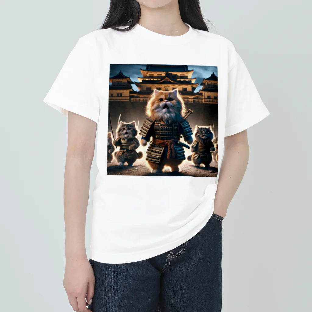 もふもふ日本史のねこ　出陣 ヘビーウェイトTシャツ