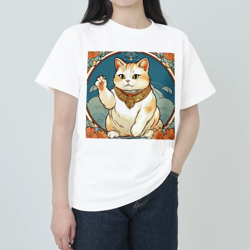 ゆまちゃんの開運雑貨屋さんの夜のミュシャ風招き猫 Heavyweight T-Shirt