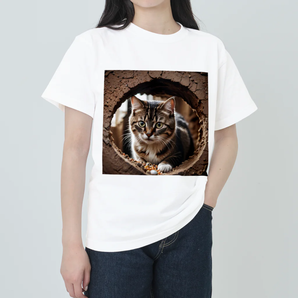 zigerparkの穴から覗く猫 ヘビーウェイトTシャツ