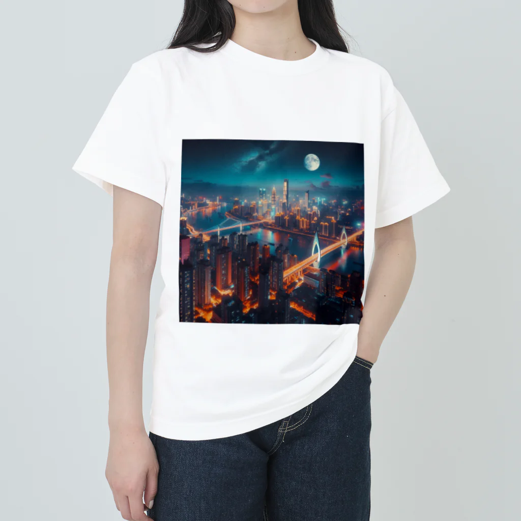 Teesignsの月夜に輝く未来都市 ヘビーウェイトTシャツ