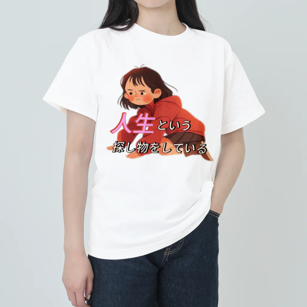 波にのるくまたんショップ62号店81番通りの人生とは何かを考える女の子 ヘビーウェイトTシャツ