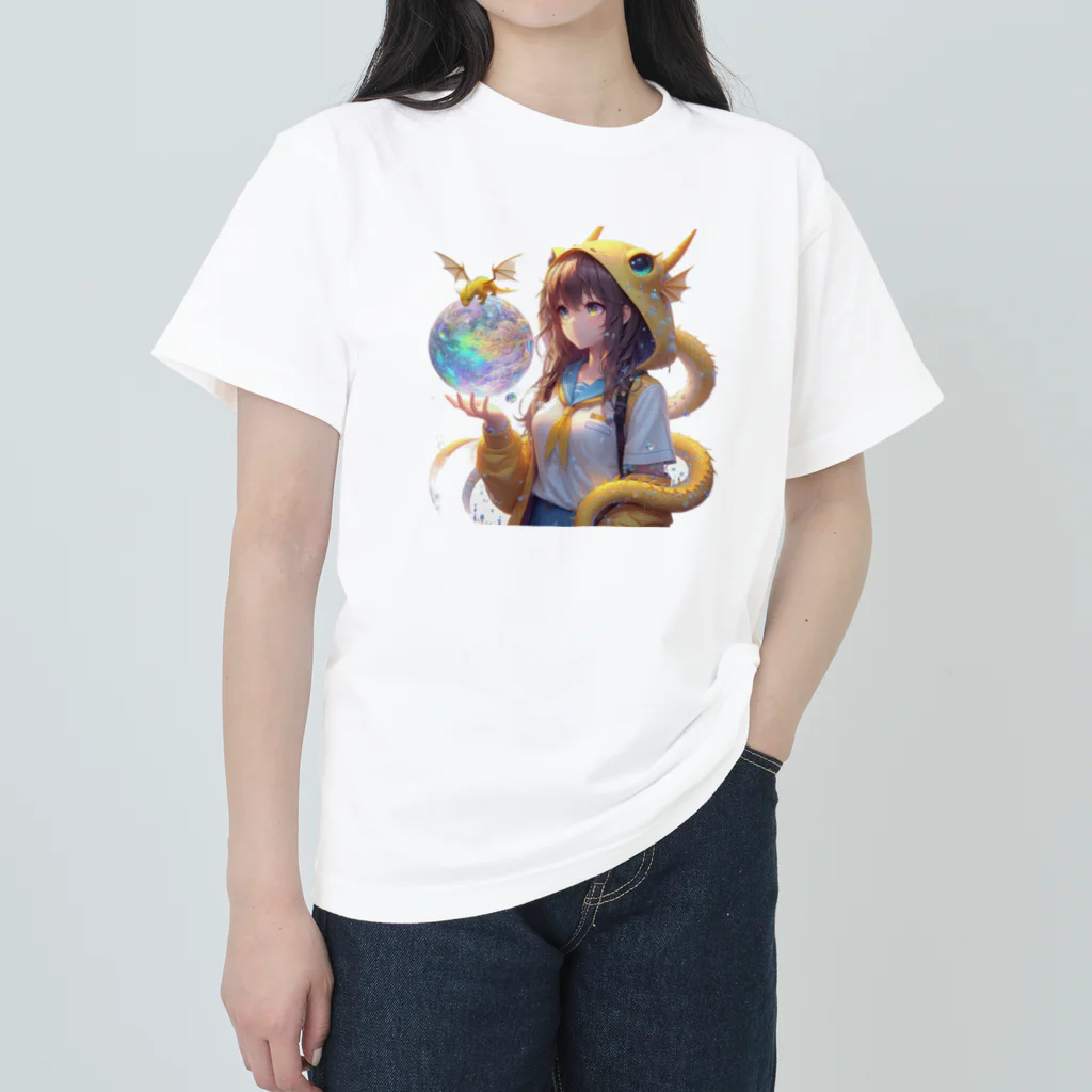 dramusumeのオーブをのぞくドラ娘 ヘビーウェイトTシャツ