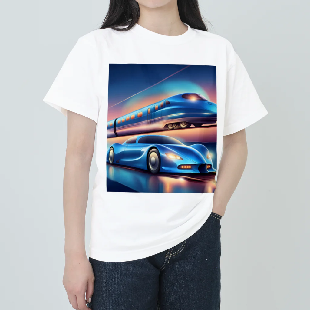 ro kuの青い車と新幹線 Heavyweight T-Shirt